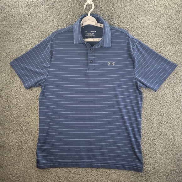 Under Armour Shirt The Playoff‎ Polo Blue Mens Large Striped Short Sleeve Casual - Picture 1 of 11